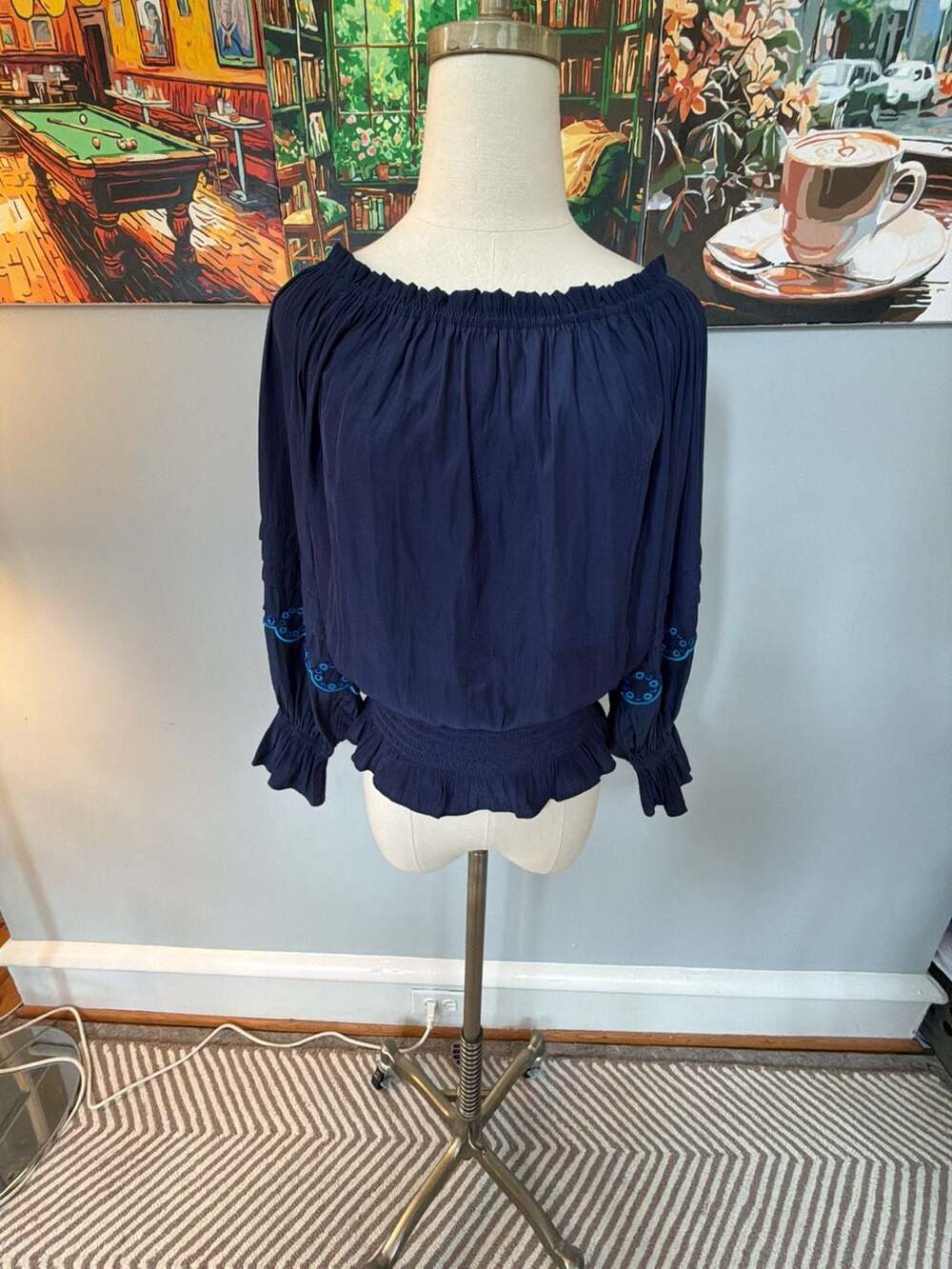 Ramy Brook Clara Off The Shoulder Blouse in Spring Navy Blue Size L